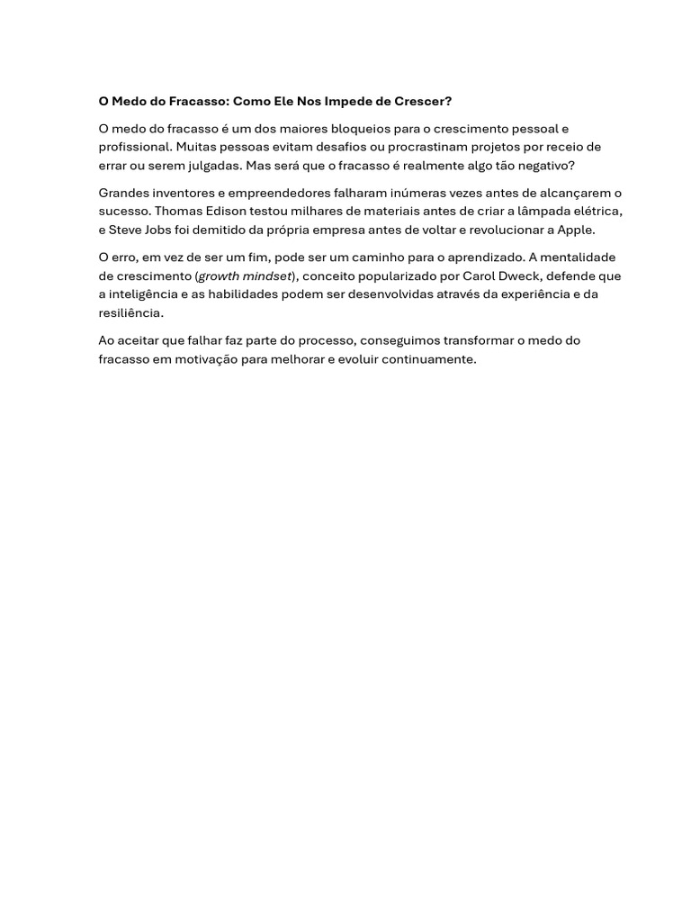 O Medo Do Fracasso Como Ele Nos Impede de Crescer | PDF