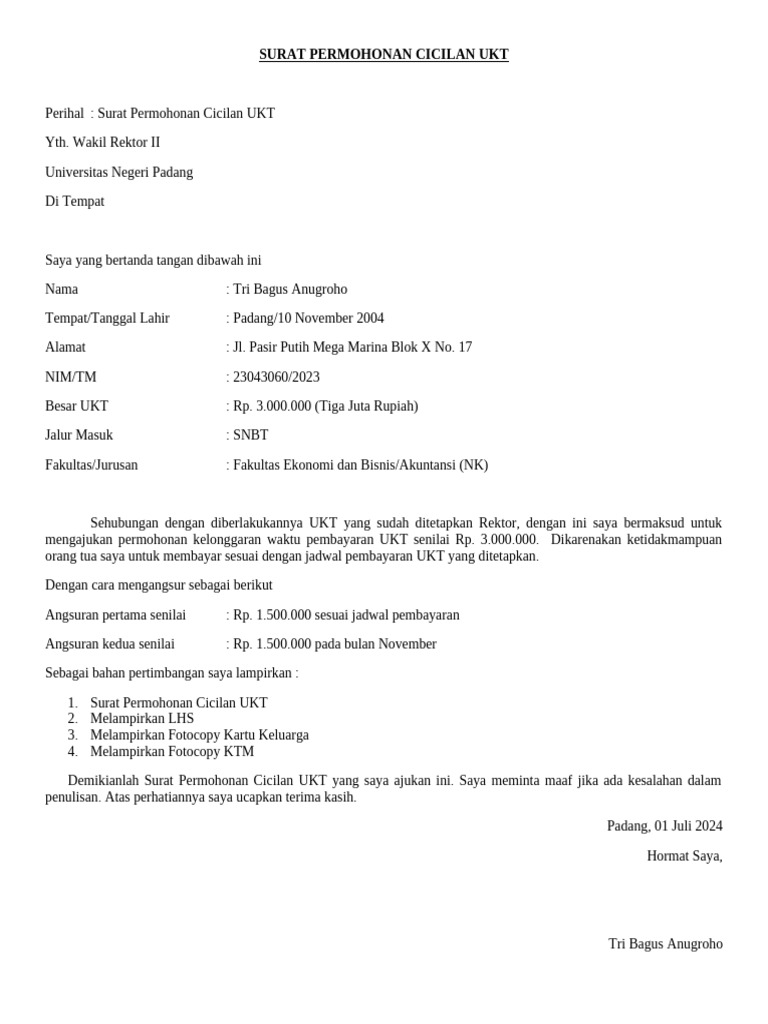 Permohonan Cicilan Ukt Mahasiswa Pdf 