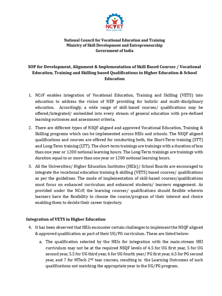 SOP for Integrating Vocational Education | PDF | Vocational Education ...