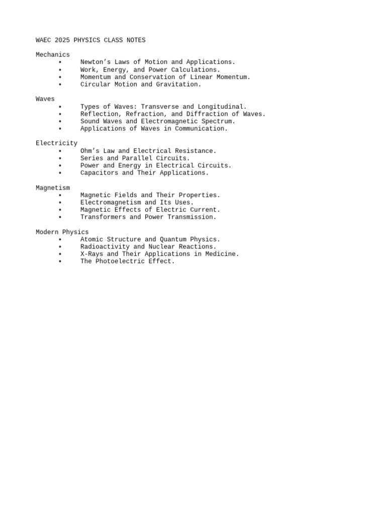 WAEC 2025 Physics Class Notes Summary | PDF