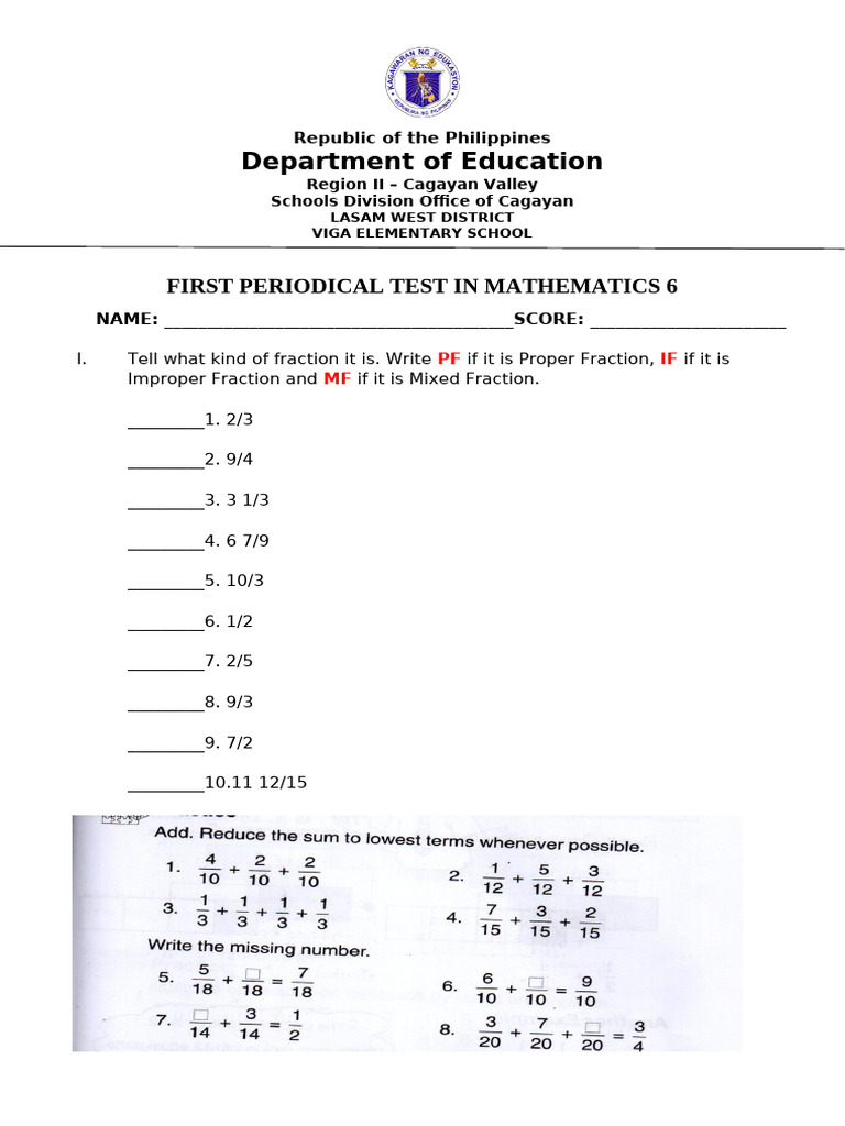 Grade 6 Math Fractions Test | PDF