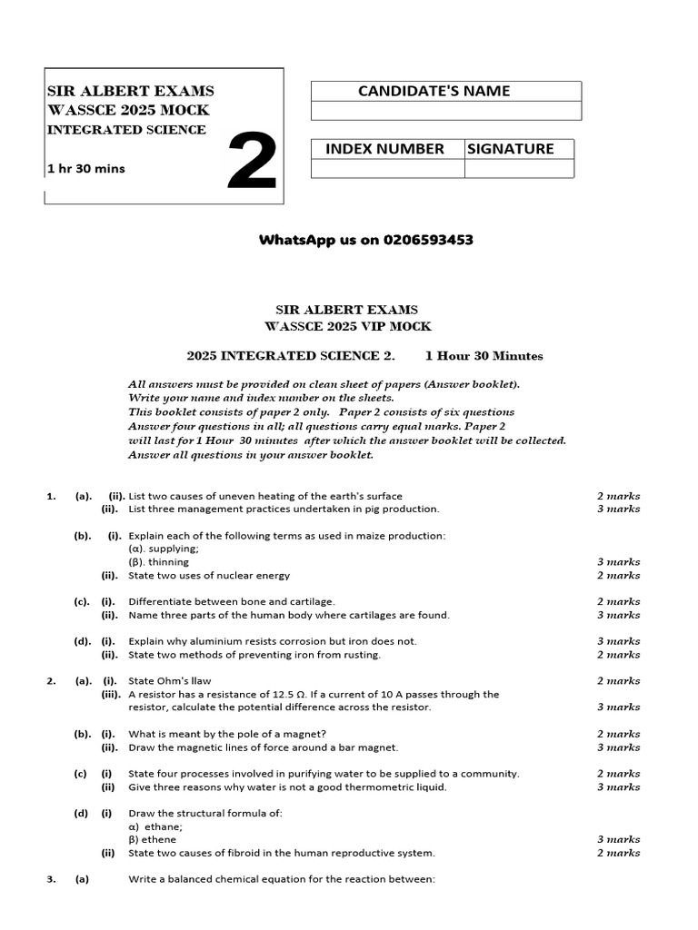 WASSCE 2025 Integrated Science Mock Exam | PDF | Materials | Chemistry