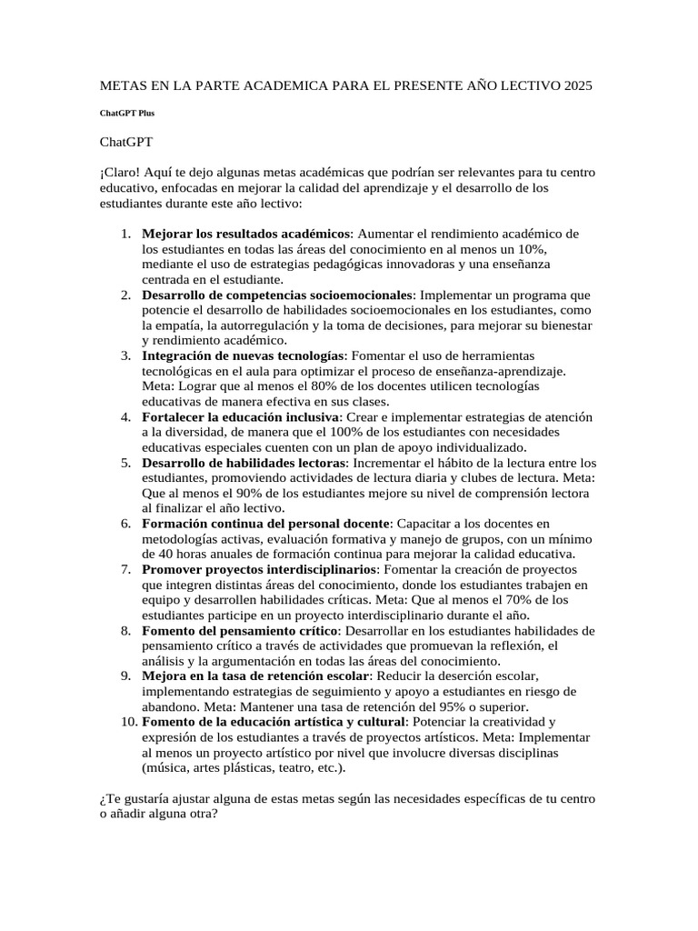 Metas en La Parte Academica para El Presente Año Lectivo 2025 | PDF ...