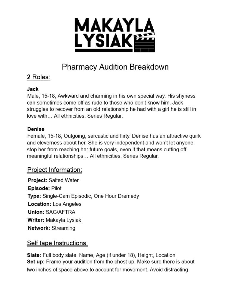 Pharmacy Audition Roles for 