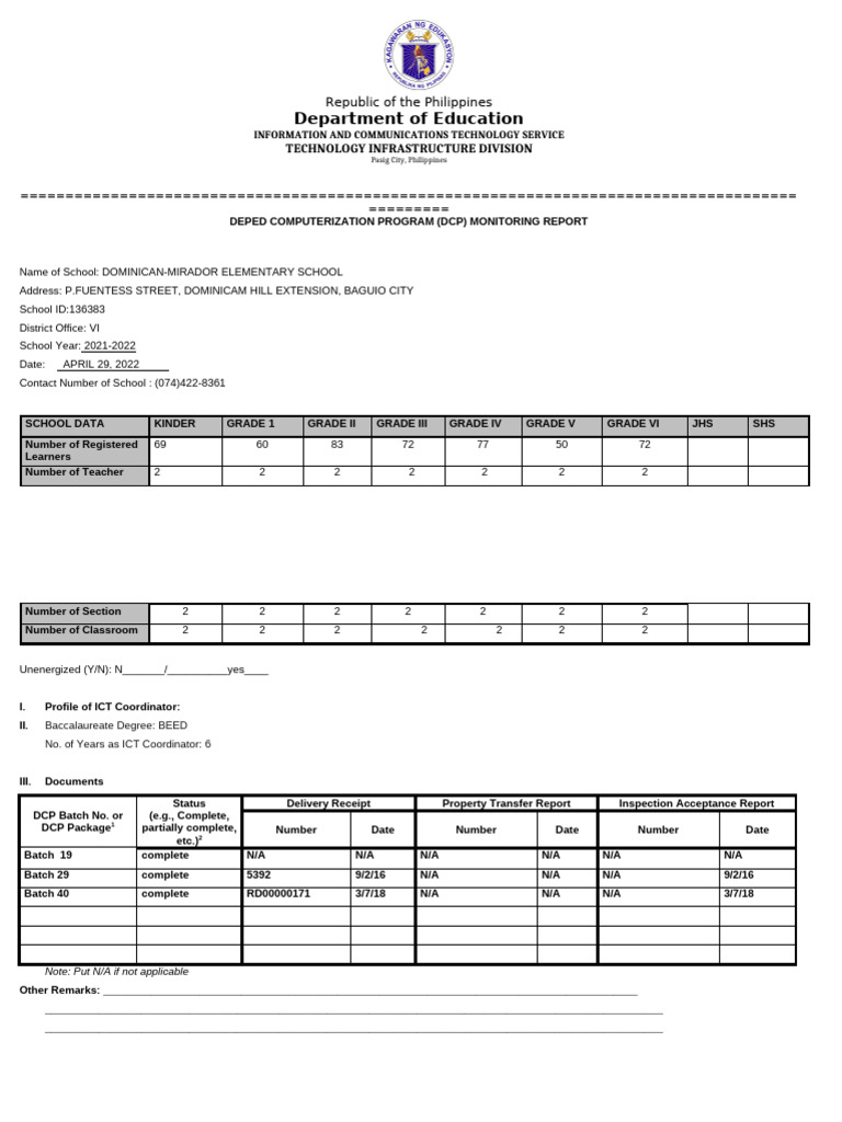 DCP Monitoring Report: Dominican-Mirador School | PDF | Educational ...