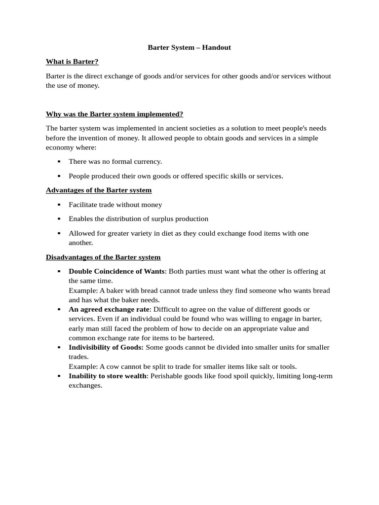 Barter System – Handout | PDF