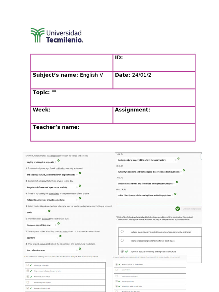 ID: Subject's Name: Date: Topic: Week: Assignment: Teacher's Name | PDF