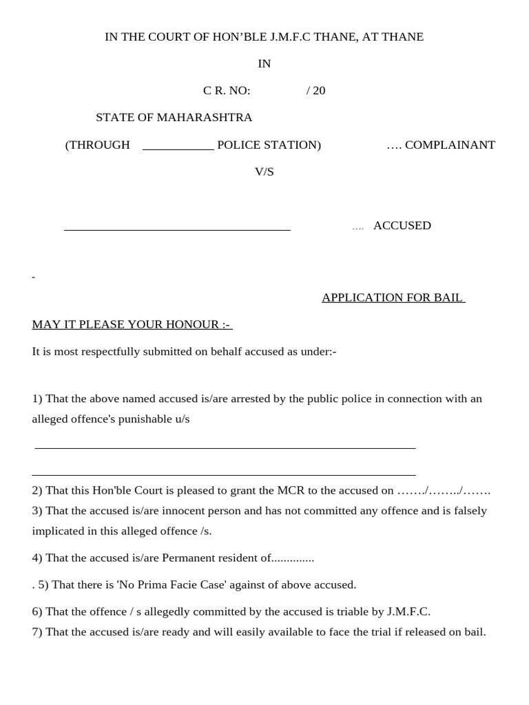 Bail Application for Accused in Thane Court | PDF