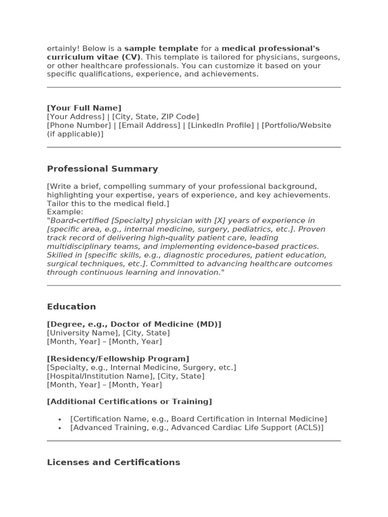 A Sample Template For A Medical Professional's Curriculum Vitae | PDF ...
