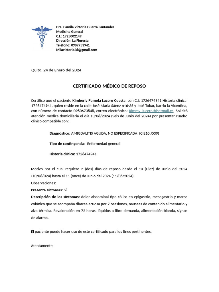 Certificado Médico de Reposo: Quito, 24 de Enero Del 2024 | PDF
