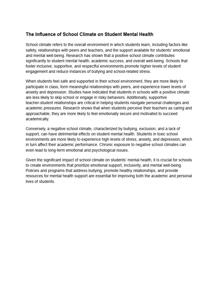School Climate's Impact on Student Mental Health | PDF