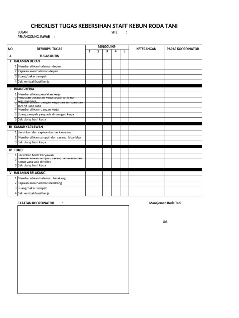 Checklist Tugas Kebersihan Staff Kebun Roda Tani | PDF