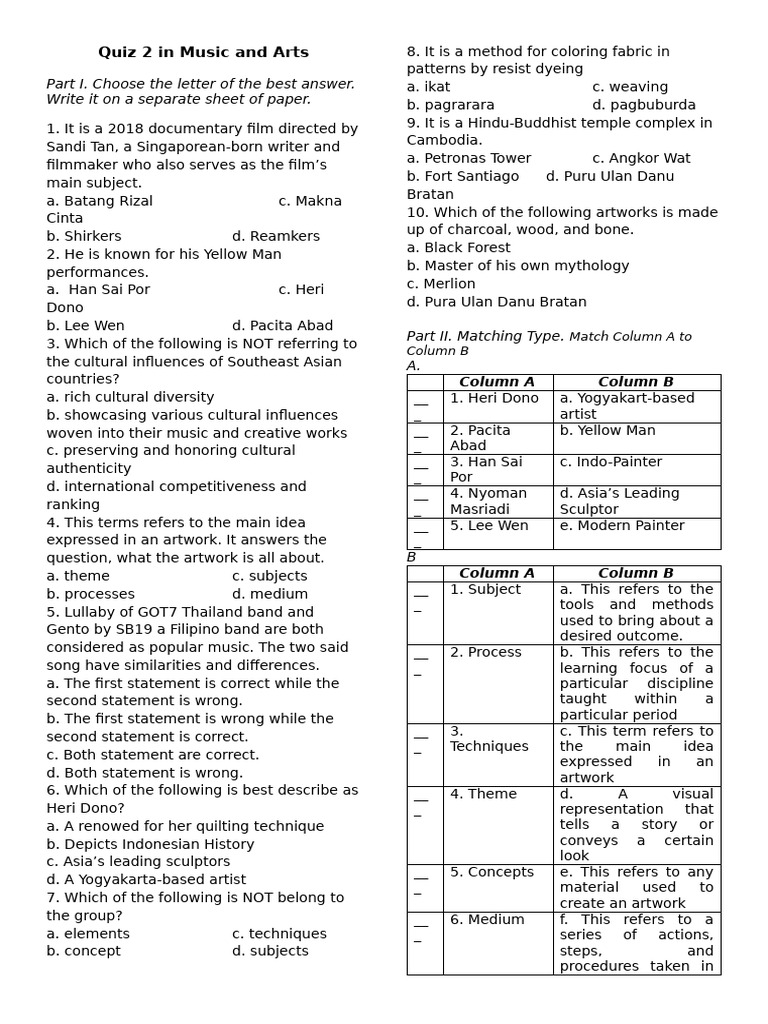 Quiz 2 in Music and Arts | PDF