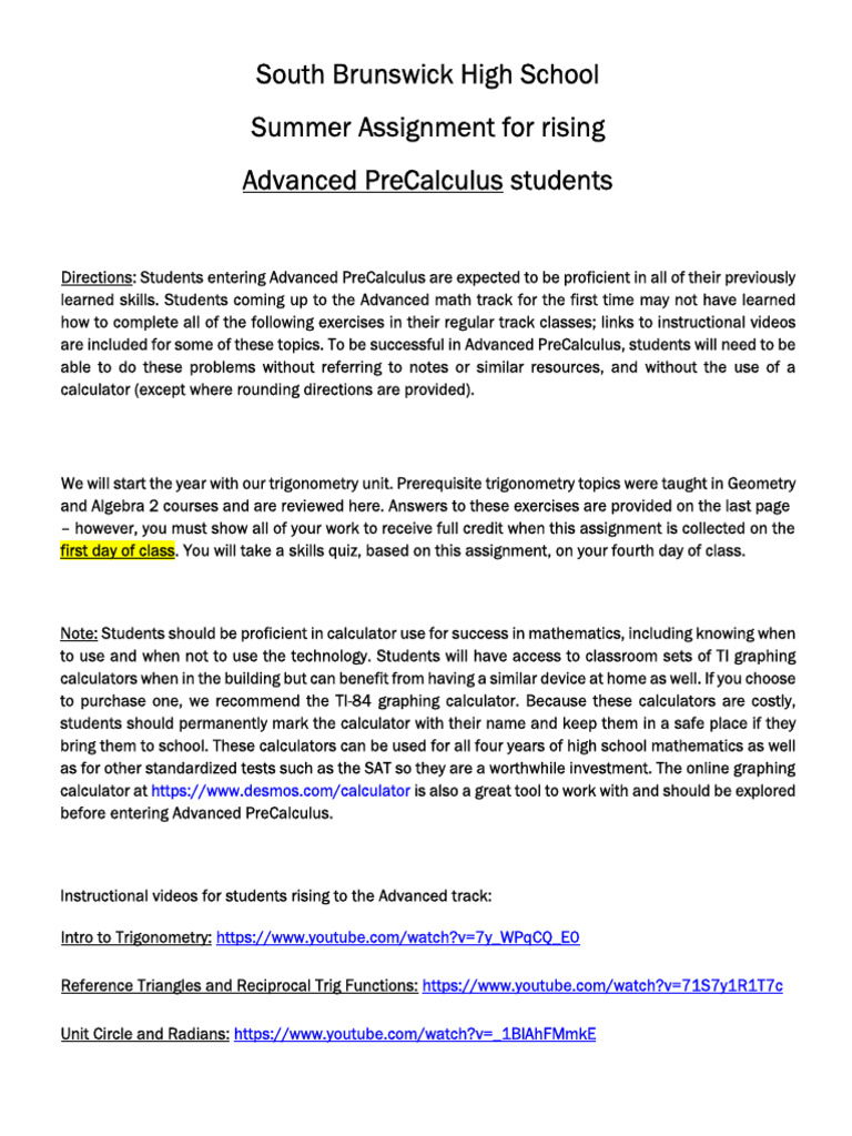 Advanced Precalculus Summer Assignment Pdf Trigonometry Angle