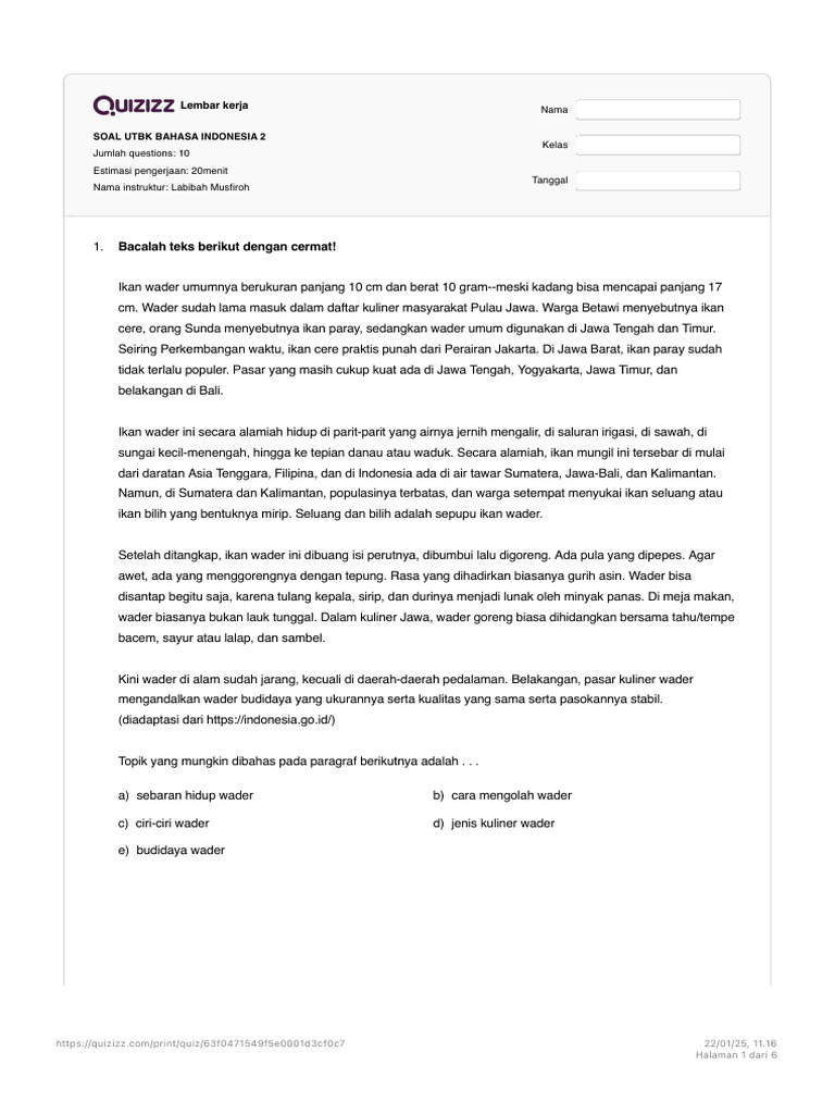 Soal utbk bahasa indonesia 2 quizizz pdf