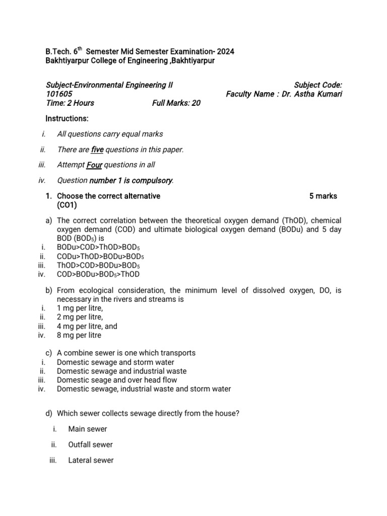 Environmental Engineering II Exam 2024 | PDF | Sanitary Sewer | Sewage