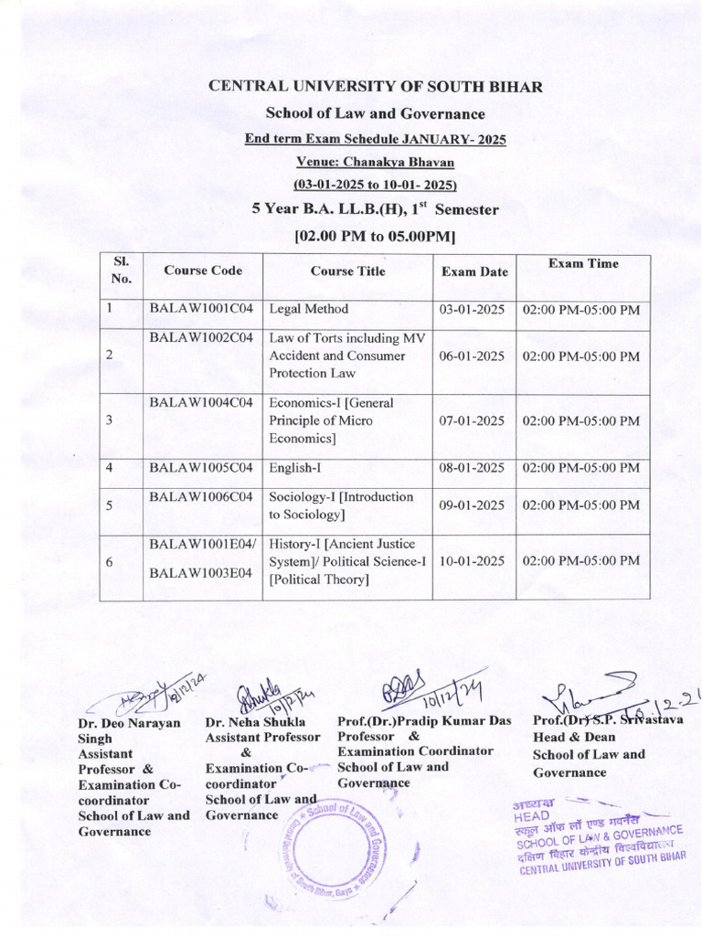 Exam Schedule of B.a.llb. 1st Sem (2024-29) | PDF
