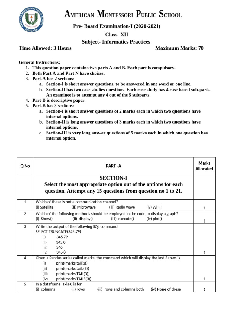 Class XII Informatics Practices Exam Paper | PDF | Computer Network ...