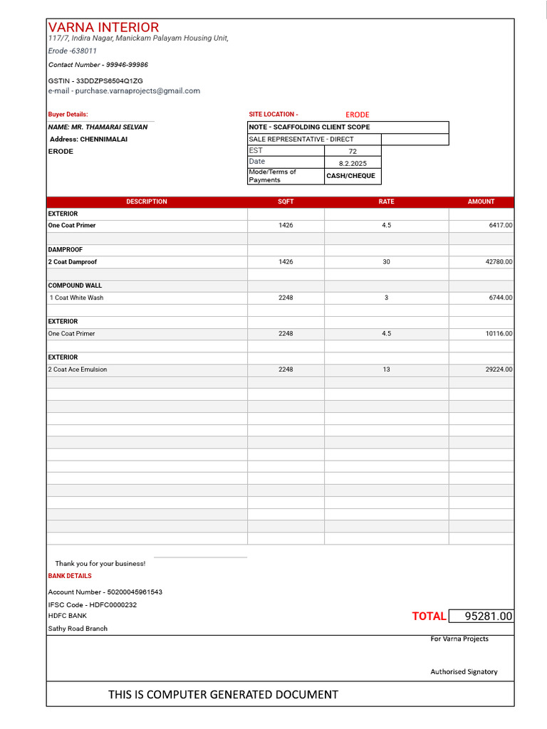 Varna Interior Scaffolding Invoice Details | PDF