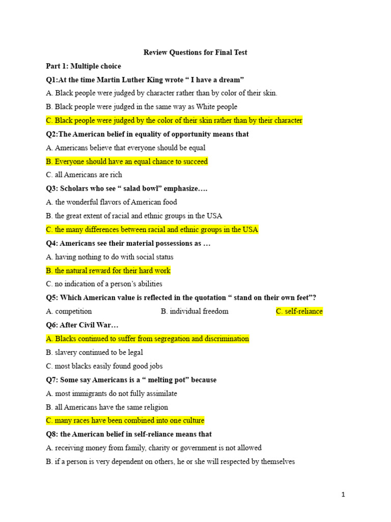 American Culture Review Questions | PDF | The United States | Social ...