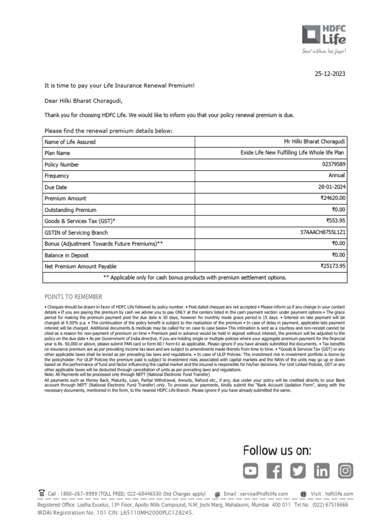 HDFC Life Insurance Renewal Notice | PDF | Insurance | Economies