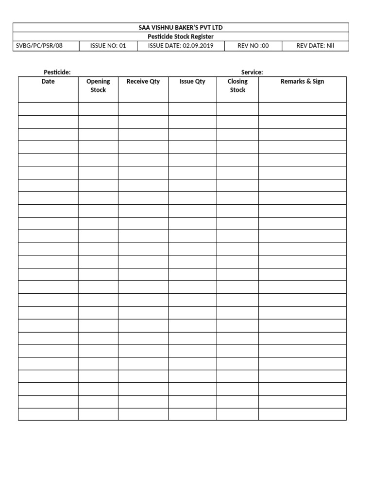 Pesticide Stock Register Format | PDF