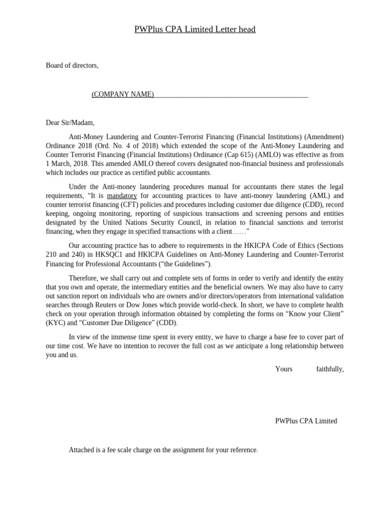 Anti Money Laundering cover letter and fee schedule | PDF | Business ...