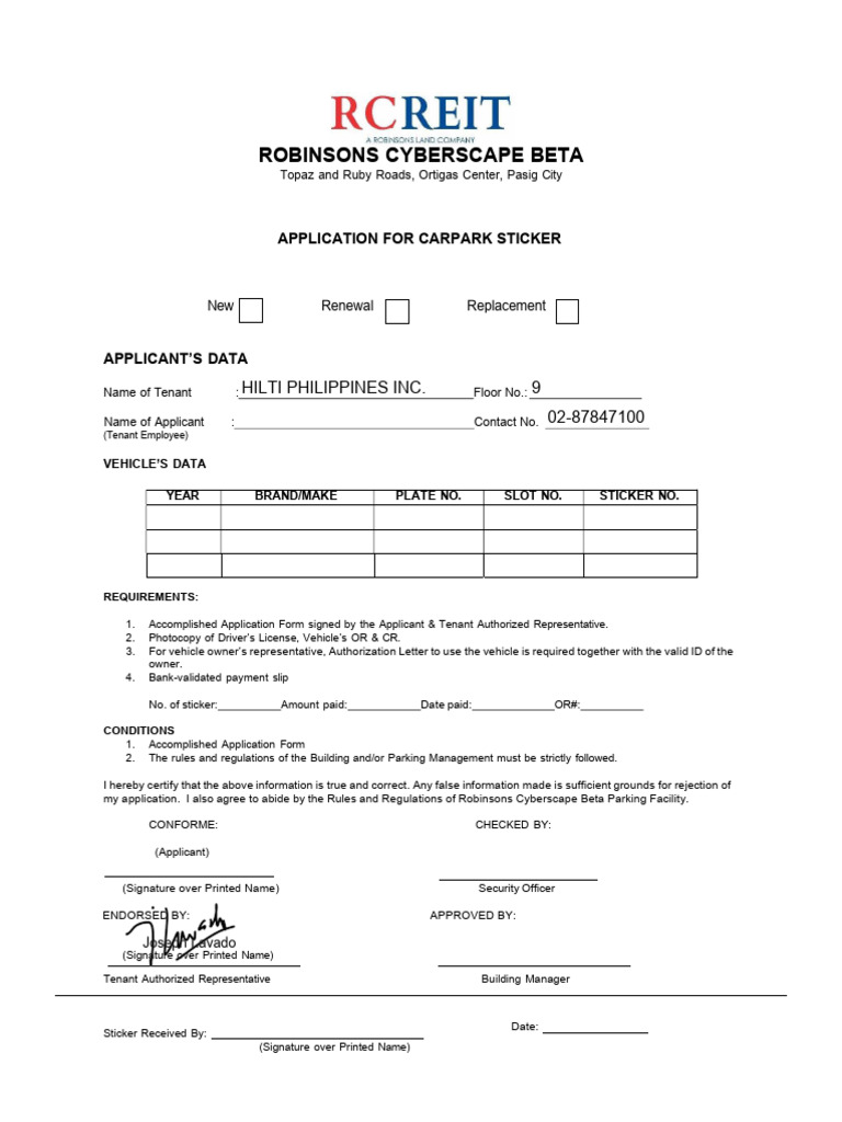 2025 BETA Parking Sticker Application - HILTI | PDF