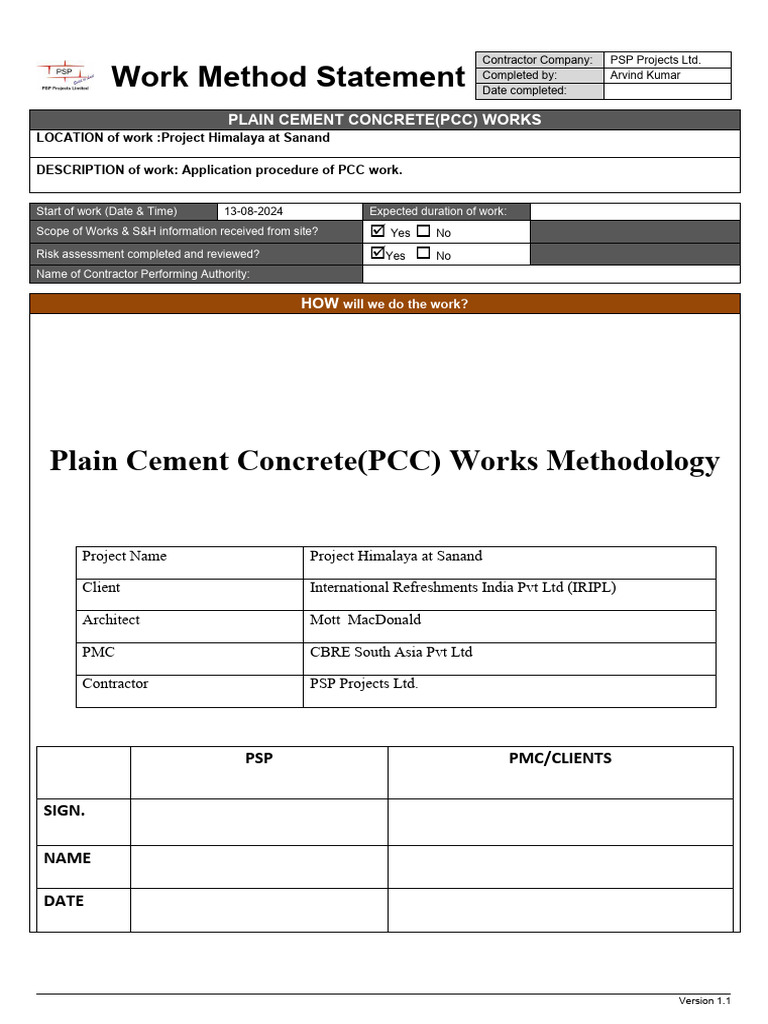 PCC Work Method Statement for Project Himalaya | PDF | Concrete | Crane ...