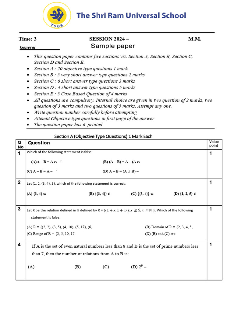Math Exam Sample Paper 2024-25 | PDF | Bridge | Mathematics
