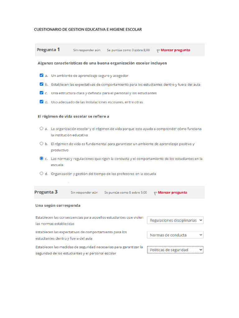 Cuestionario de Gestion Educativa e Higiene Escolar | PDF