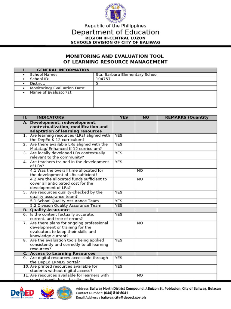 Baliwag Learning Resource Evaluation Tool | PDF | Human Communication ...