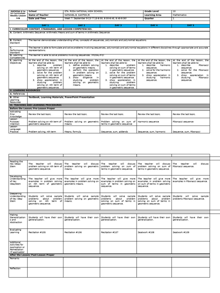 Grade 10 Math Weekly Lesson Plan | PDF | Sequence | Teachers