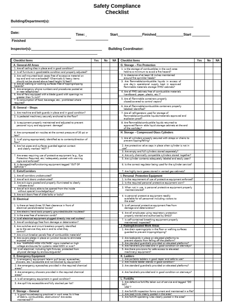 Safety Compliance Checklist | PDF | Equipment | Manufactured Goods