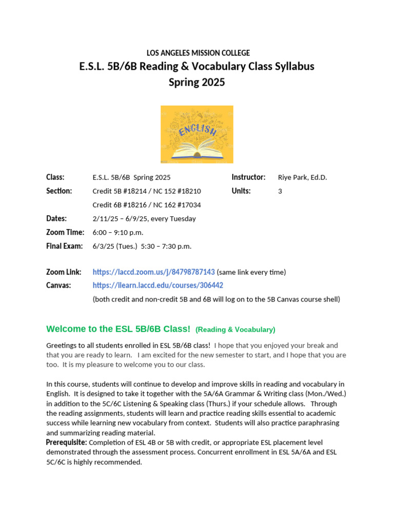 ESL 5B/6B Syllabus Spring 2025 | PDF | English As A Second Or Foreign ...