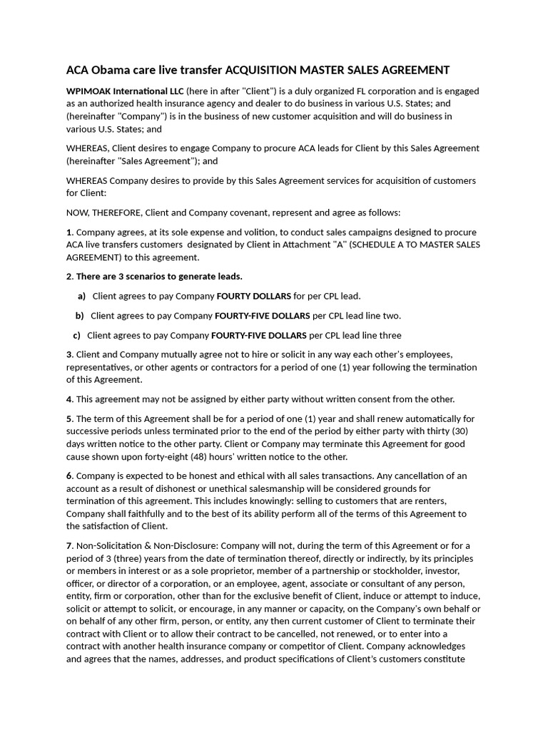 ACA OBAMA Care Agreement | PDF | Trade Secret | Sales