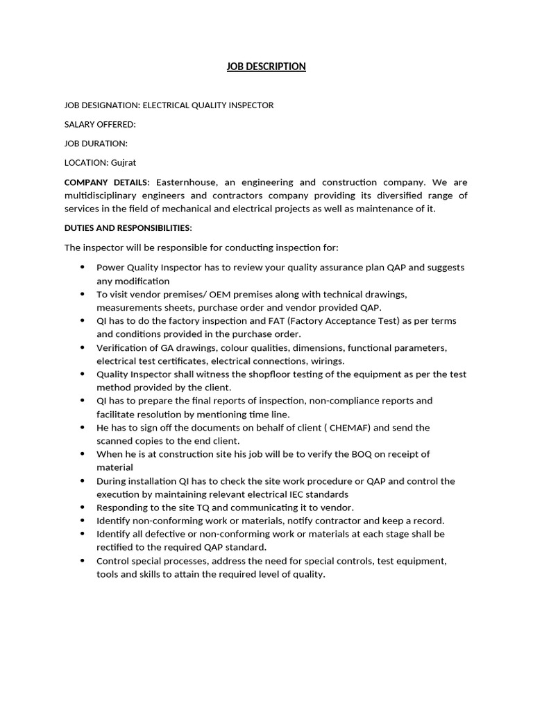 Electrical Quality Inspector Role | PDF