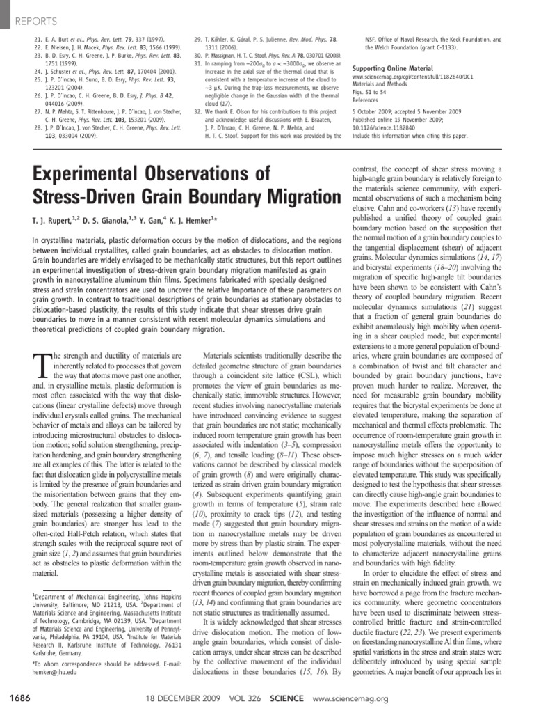 Experimental Observations of Stress-Driven Grain Boundary Migration ...