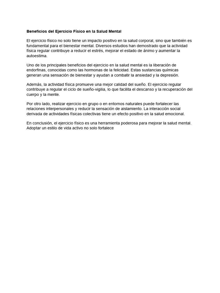 Beneficios del Ejercicio en la Salud Mental | PDF