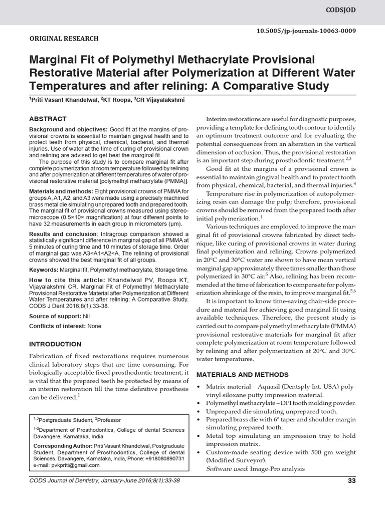 Marginal Fit of PMMA Restorative Material | PDF | Poly(Methyl ...