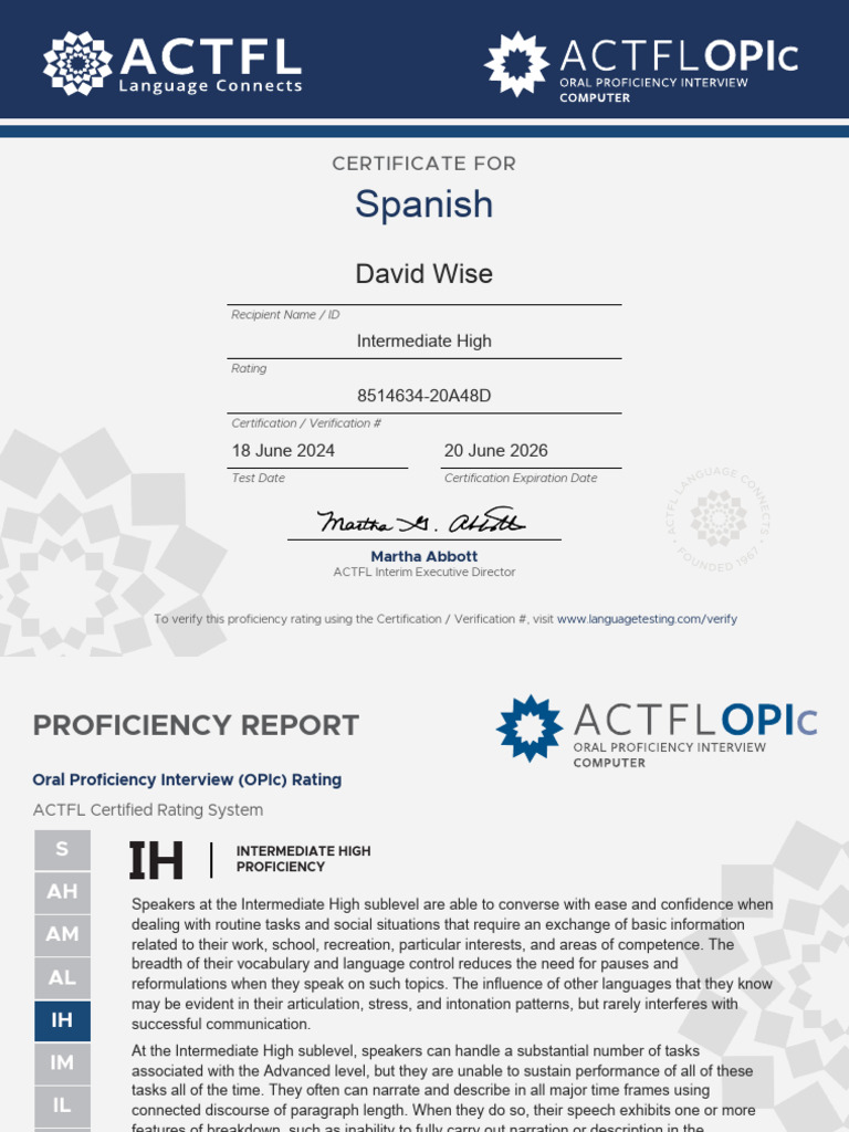 Spanish Intermediate High Proficiency Certificate | PDF