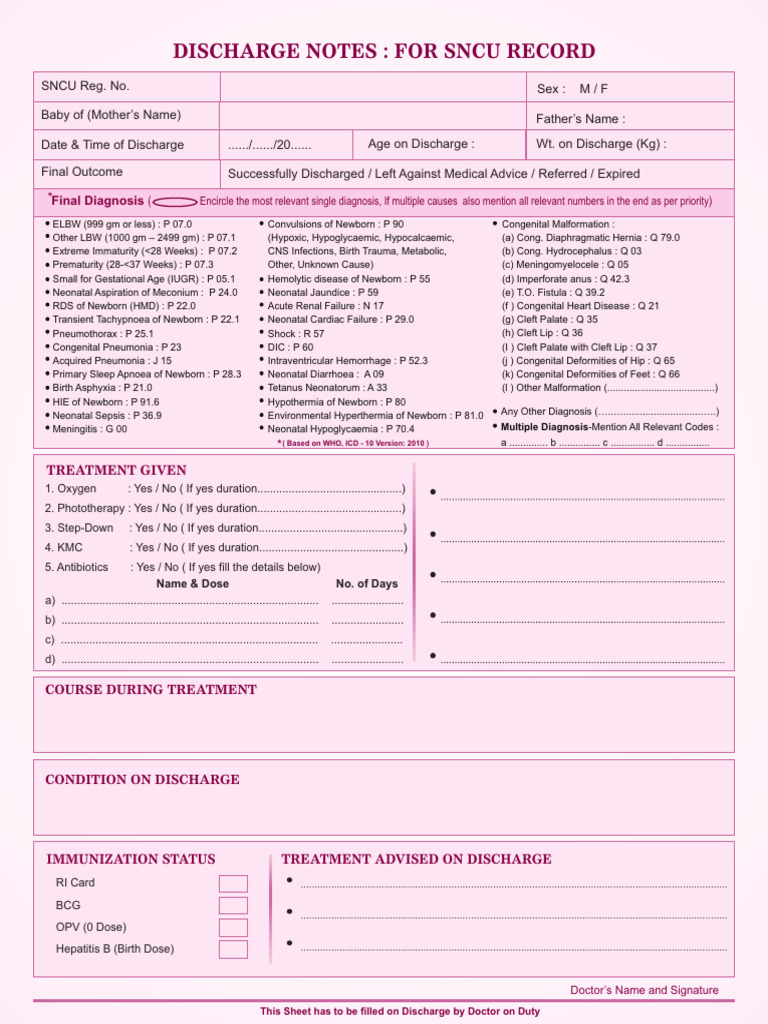 SNCU Discharge Summary Template | PDF | Low Birth Weight | Childhood