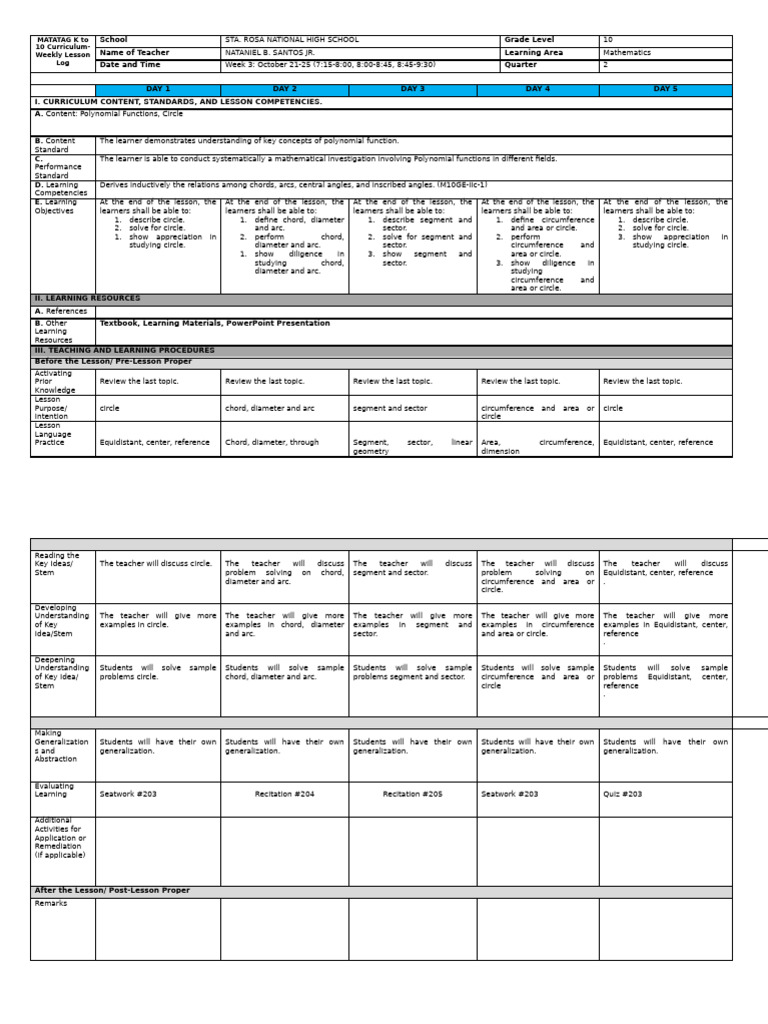 Grade 10 Math Weekly Lesson Plan | PDF | Circle | Area