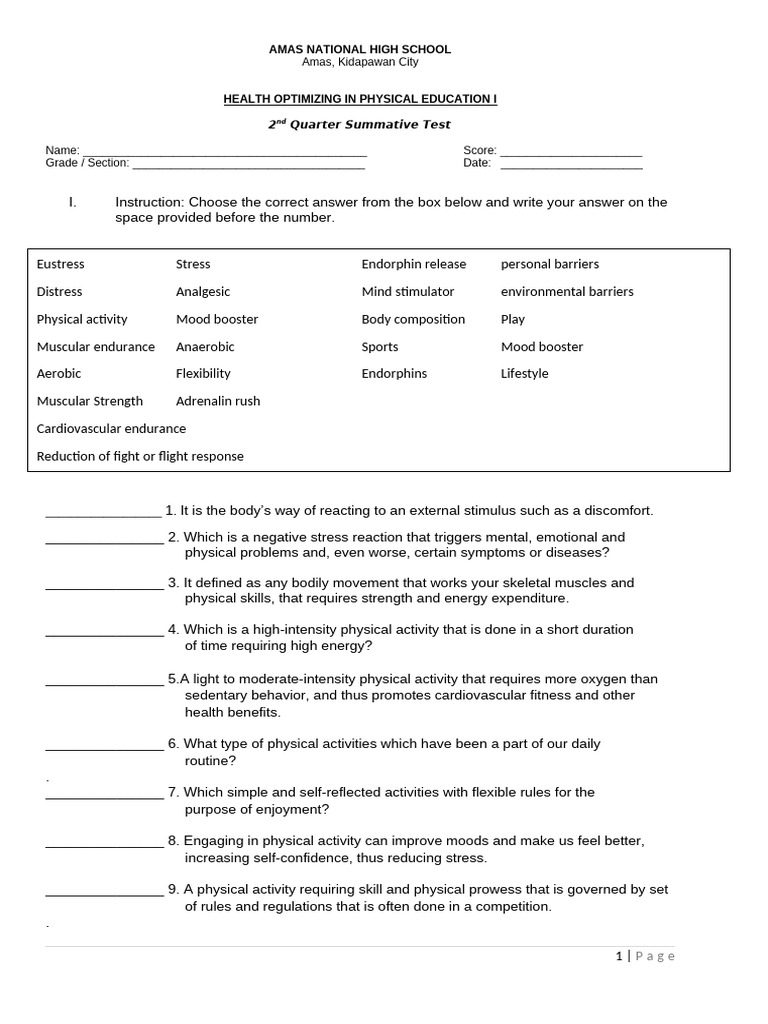 Health Optimizing PE Summative Test | PDF | Skeletal Muscle | Stress ...