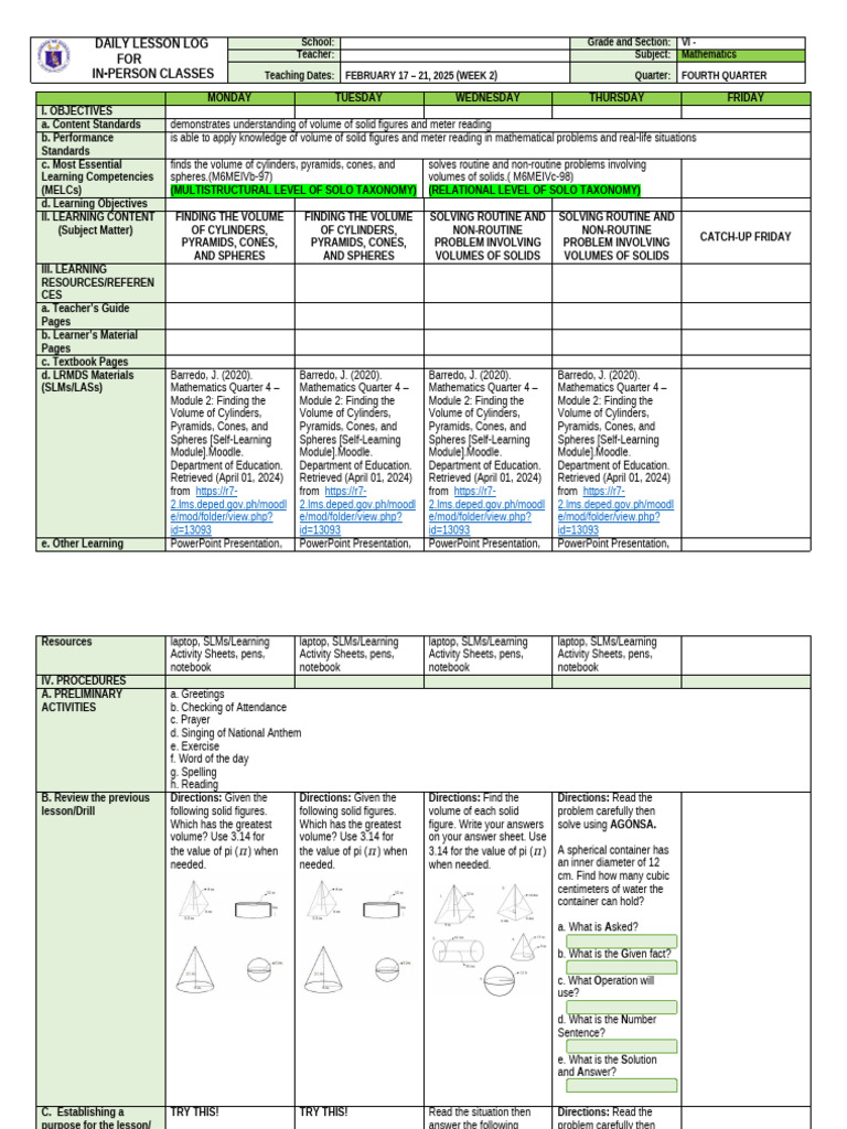 Volume of Solids Lesson Plan | PDF | Volume | Area