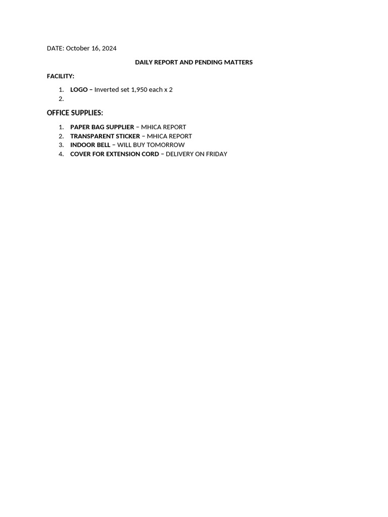 Daily Report: Pending Facility Matters | PDF