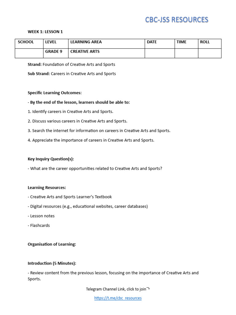 Grade 9 Rationalized Creative Arts and Sports Lesson Plans Term | PDF ...