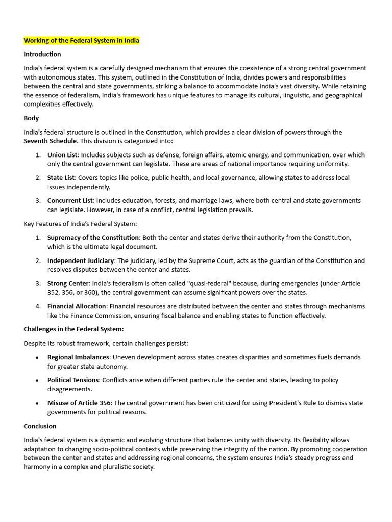 Working of the Federal System in India | PDF | Democracy | Political ...