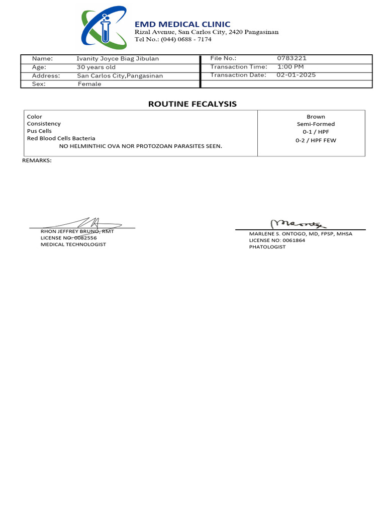 Routine Fecalysis Report for Ivanity Jibulan | PDF