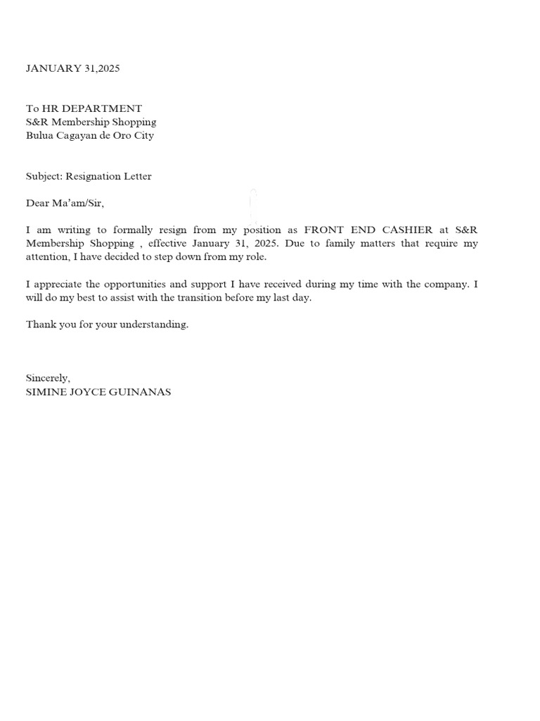 Resignation Letter from Front End Cashier | PDF